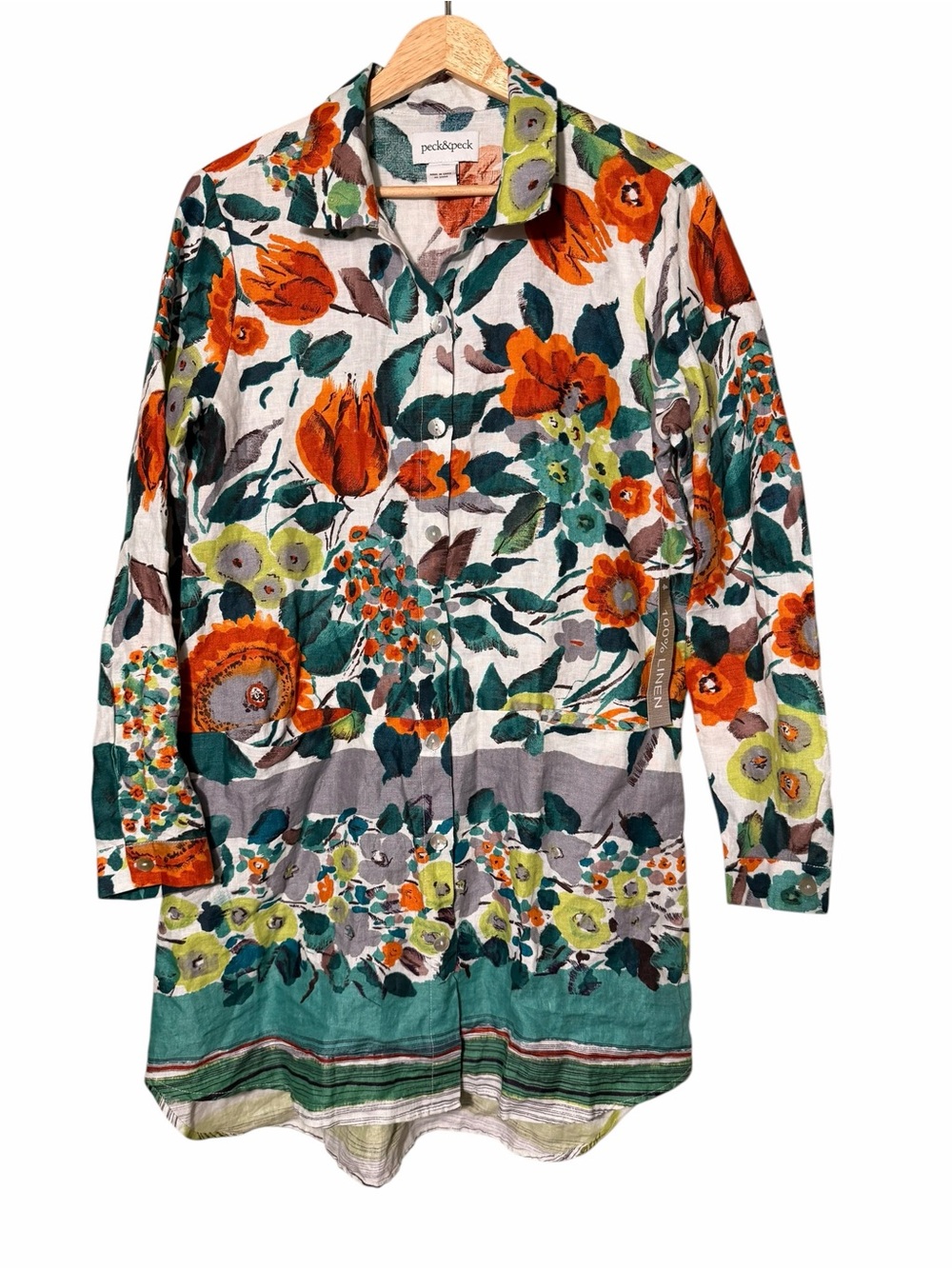 Peck & Peck Floral Linen Button Down Collar Tunic Top
